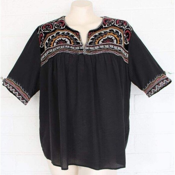 Johnny Was Workshop M L Black Embroidered OVERSIZE Silk Short Sleeve Peasant Top - Picture 1 of 4